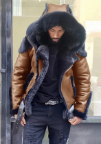 Winter Men'S Pu Leather Wool One-Piece Short Coat Hooded Men'S Jacket Winter Men'S Pu Leather Wool One-Piece Short Coat Hooded Men'S Jacket