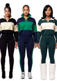 Women’s Autumn/Winter Color-Block Polo-Collar Long-Sleeve Top and Pant Two-Piece Set