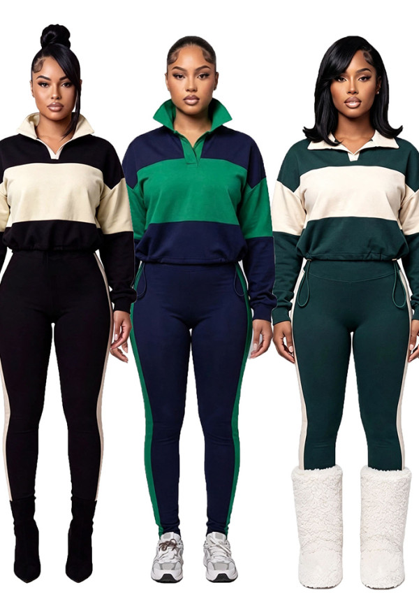 Women’s Autumn/Winter Color-Block Polo-Collar Long-Sleeve Top and Pant Two-Piece Set