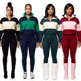 Women’s Autumn/Winter Color-Block Polo-Collar Long-Sleeve Top and Pant Two-Piece Set