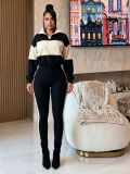 Women’s Autumn/Winter Color-Block Polo-Collar Long-Sleeve Top and Pant Two-Piece Set