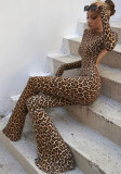 Women's Leopard Print Slim Fit Long Sleeve Low Back Jumpsuit