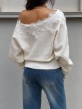 Fall Winter Women's Lace Patchwork Slash Shoulder Batwing Sleeves Loose Knit Sweater