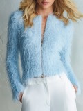 Fall Winter Women's Long Sleeve Faux Fur Zip-Up Cropped Jacket