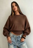 Fall Winter Women's Loose Puff Sleeves Round Neck Cropped Knit Sweater
