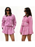 Women's Fashionable Colorblock Turn-Down Collar Button Pocket Long Sleeve Top and Cargo Mini Skirt Set