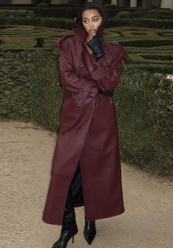 Spring Women's Long Textured Faux Leather Casual Trench Coat with Belt