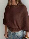 Fall Winter Women's Loose Round Neck Cropped Knit Sweater with Puff Sleeves