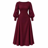 Plus Size Women's Lace Patchwork Long Sleeve Turn-Down Collar Slim Waist A-Line Midi Dress