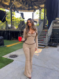 Women's Striped Two-Piece Set U Neck Low Cut Long Sleeve Slim Waist Top and Slim Fit Flared Pants