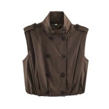 Spring Fall Women's Chic Sleeveless Stand Collar Pleated Double-Breasted Jacket Vest