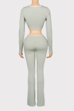 Women's Square Neck Long Sleeve Cropped Top and Flared Pants Ribbed Two-Piece Set