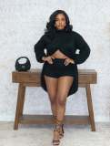Fall Winter Women's Solid Color Round Neck Crisscross Knitted Top and Shorts Set with Slouch Sleeves