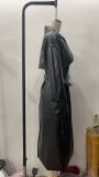 Spring Women's Long Textured Faux Leather Casual Trench Coat with Belt