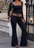 Women's Casual Leopard Print Colorblock Square Neck Long Sleeve Top and High Waist Flared Pants Set