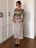 Fall Winter Women's Multicolor Striped Round Neck Slim Fit Cropped Flared Long Sleeve Basic Top