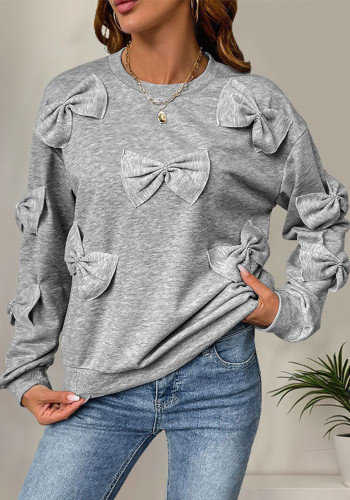 Fall Winter Women's Sweet Casual Gray Round Neck Top with Bow Patchwork Detail