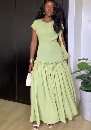 Women's Chic Round Neck Short Sleeve Pleated Patchwork A-Line Maxi Dress