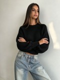 Fall Winter Women's Loose Puff Sleeves Round Neck Cropped Knit Sweater