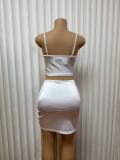 Women's Sexy Solid Color Slim Fit Cropped Strap Top and Ruched Bodycon Skirt Set