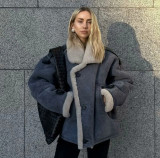 Women's Streetwear Turn-Down Collar Loose Suede Sherpa-Lined Jacket