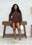 Fall Winter Women's Solid Color Round Neck Crisscross Knitted Top and Shorts Set with Slouch Sleeves