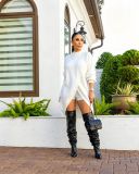 Fall Winter Women's Solid Color Round Neck Crisscross Knitted Top and Shorts Set with Slouch Sleeves