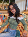 Fall Winter Women's Off Shoulder Lace Trim Striped Waffle Knit Slim Fit Cropped Basic Top