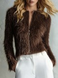 Fall Winter Women's Long Sleeve Faux Fur Zip-Up Cropped Jacket