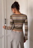 Fall Winter Women's Multicolor Striped Round Neck Slim Fit Cropped Flared Long Sleeve Basic Top