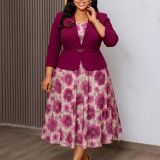 Plus Size Women's Fall Floral Blazer Chiffon Dress Two-Piece Set