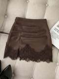 Women's Sexy High Waist Slim Fit Bodycon Lace Patchwork Faux Suede Mini Skirt