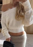 Fall Winter Women's Lace Patchwork Slash Shoulder Batwing Sleeves Loose Knit Sweater