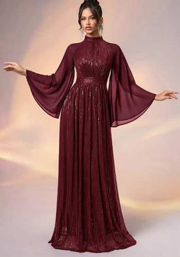 Women's Elegant Sequin Long Sleeve Evening Gown with Cap Sleeves