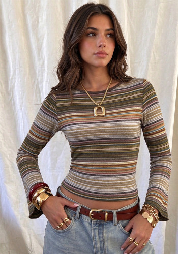 Fall Winter Women's Multicolor Striped Round Neck Slim Fit Cropped Flared Long Sleeve Basic Top
