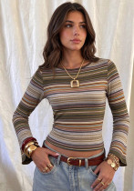 Fall Winter Women's Multicolor Striped Round Neck Slim Fit Cropped Flared Long Sleeve Basic Top Fall Winter Women's Multicolor Striped Round Neck Slim Fit Cropped Flared Long Sleeve Basic Top