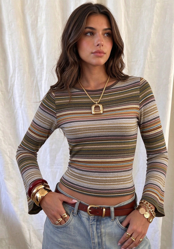 Fall Winter Women's Multicolor Striped Round Neck Slim Fit Cropped Flared Long Sleeve Basic Top