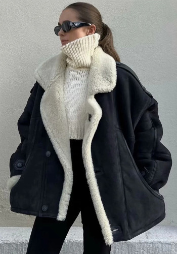 Women's Streetwear Turn-Down Collar Loose Suede Sherpa-Lined Jacket