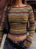 Fall Winter Women's Multicolor Striped Round Neck Slim Fit Cropped Flared Long Sleeve Basic Top