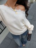 Fall Winter Women's Lace Patchwork Slash Shoulder Batwing Sleeves Loose Knit Sweater