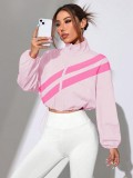 Fall Winter Women's Colorblock Diagonal Striped Stand Collar Cropped Sun Protection Jacket