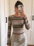 Fall Winter Women's Multicolor Striped Round Neck Slim Fit Cropped Flared Long Sleeve Basic Top