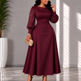Plus Size Women's Lace Patchwork Long Sleeve Turn-Down Collar Slim Waist A-Line Midi Dress