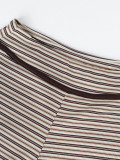 Women's Striped Two-Piece Set U Neck Low Cut Long Sleeve Slim Waist Top and Slim Fit Flared Pants
