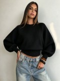 Fall Winter Women's Loose Puff Sleeves Round Neck Cropped Knit Sweater