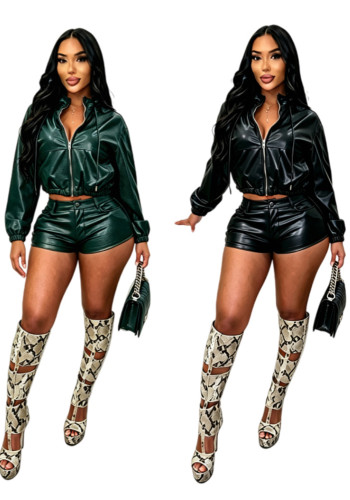Women's Long Sleeve Hooded Leather Jacket and Stretch Shorts Set