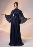 Women's Elegant Sequin Long Sleeve Evening Gown with Cap Sleeves
