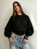 Fall Winter Women's Loose Puff Sleeves Round Neck Cropped Knit Sweater