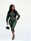 Fall Winter Women's Turn-Down Collar PU Leather Jacket and Capri Pants Set