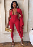 Women's Sexy Solid Color Low Back Asymmetric U Neck Slim Fit Sports Jumpsuit
